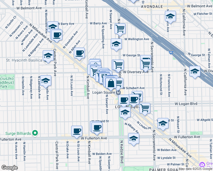 map of restaurants, bars, coffee shops, grocery stores, and more near 2716 North Sawyer Avenue in Chicago