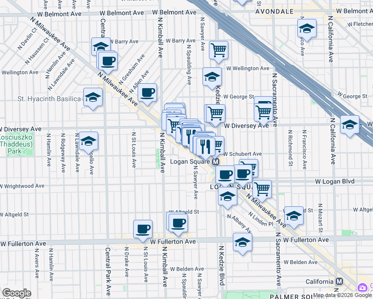 map of restaurants, bars, coffee shops, grocery stores, and more near 2716 North Sawyer Avenue in Chicago