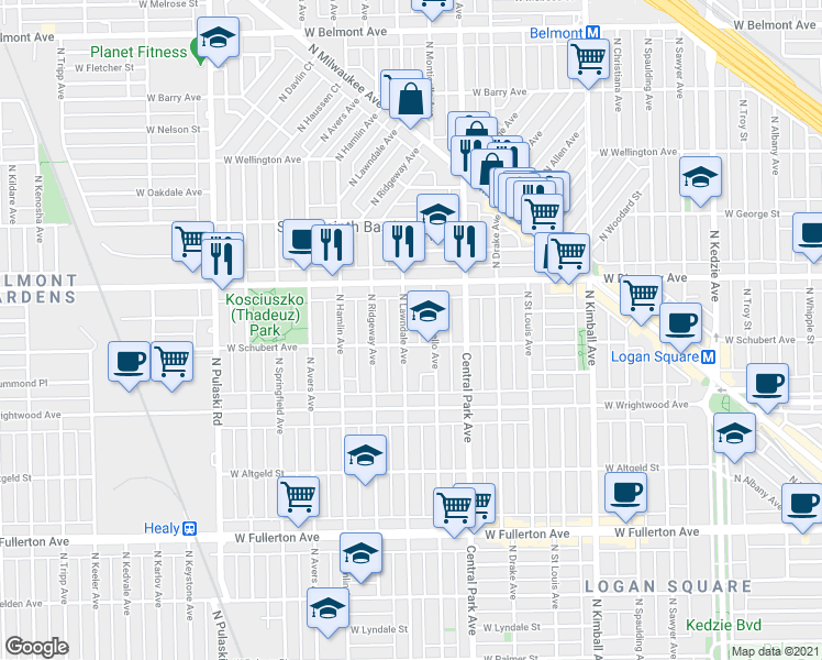 map of restaurants, bars, coffee shops, grocery stores, and more near 2730 North Lawndale Avenue in Chicago