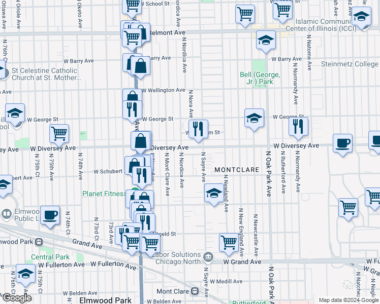 map of restaurants, bars, coffee shops, grocery stores, and more near 7036 West Diversey Avenue in Chicago