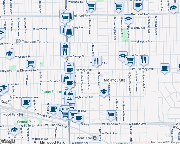 map of restaurants, bars, coffee shops, grocery stores, and more near 7036 West Diversey Avenue in Chicago