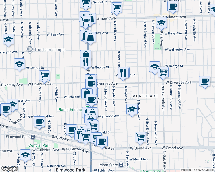 map of restaurants, bars, coffee shops, grocery stores, and more near 7074 West Diversey Avenue in Chicago