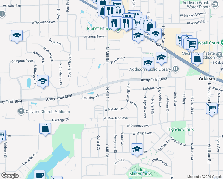 map of restaurants, bars, coffee shops, grocery stores, and more near 539 W Army Trail Boulevard in Addison