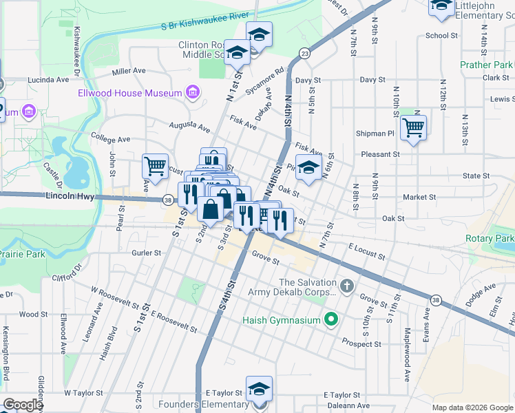 map of restaurants, bars, coffee shops, grocery stores, and more near 194 North 3rd Street in DeKalb