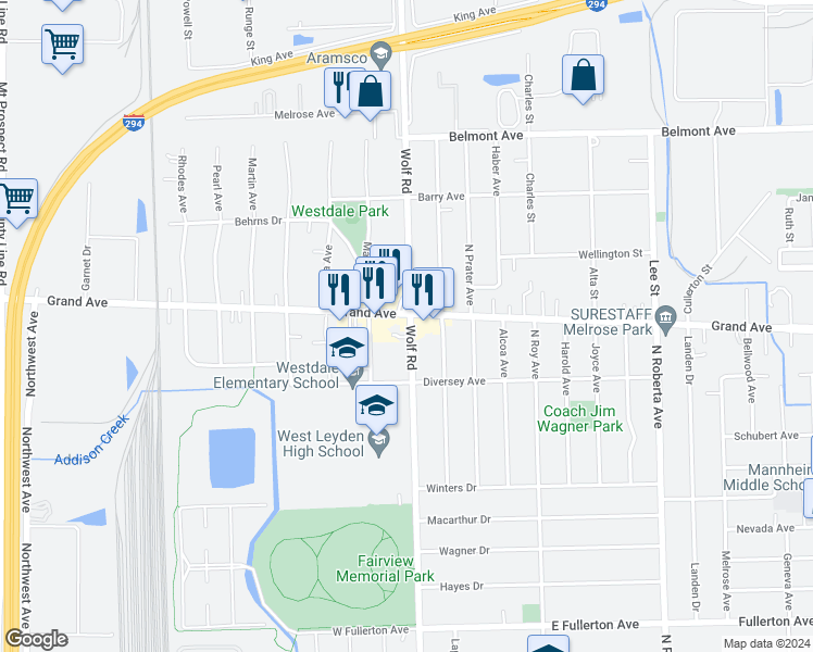 map of restaurants, bars, coffee shops, grocery stores, and more near 1007 West Grand Avenue in Melrose Park