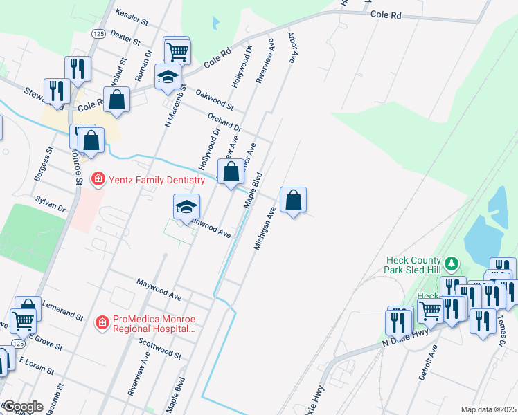 map of restaurants, bars, coffee shops, grocery stores, and more near 1253 Maple Avenue in Monroe