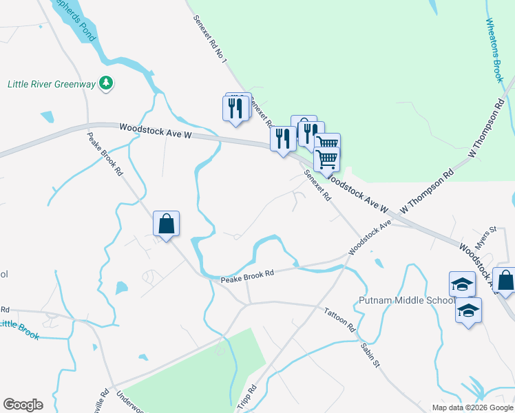 map of restaurants, bars, coffee shops, grocery stores, and more near 27 Senexet Village Road in Woodstock