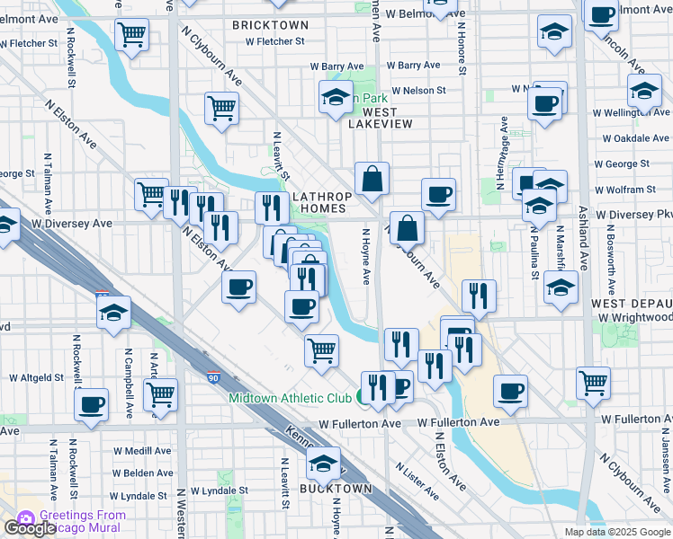 map of restaurants, bars, coffee shops, grocery stores, and more near 2701 North Leavitt Street in Chicago