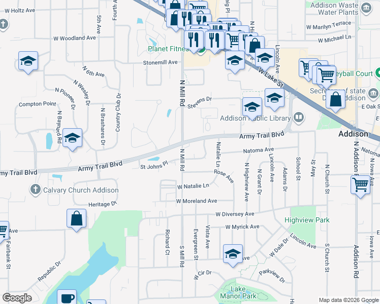 map of restaurants, bars, coffee shops, grocery stores, and more near 542 Memory Lane in Addison