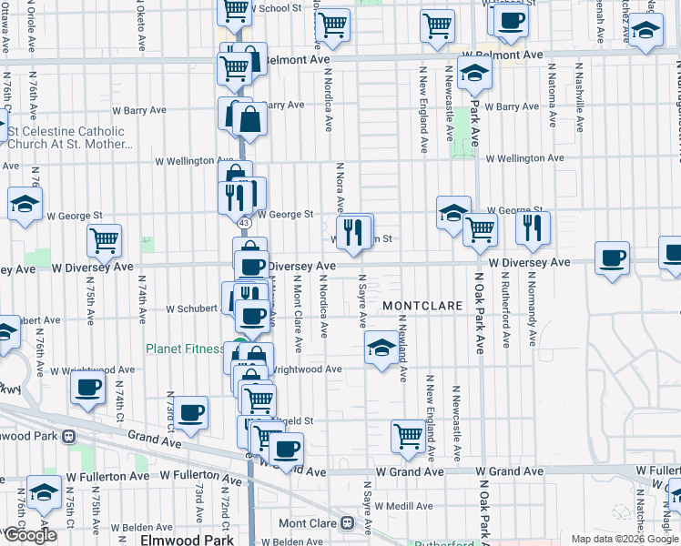 map of restaurants, bars, coffee shops, grocery stores, and more near 7036 West Diversey Avenue in Chicago