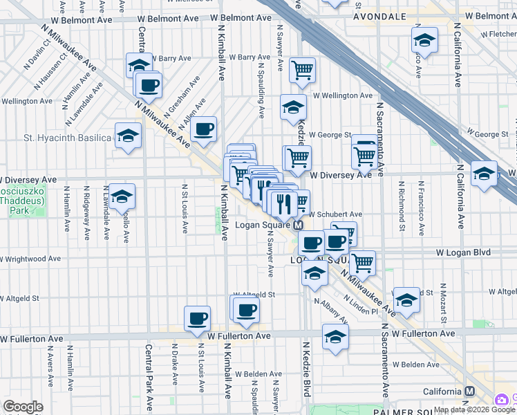 map of restaurants, bars, coffee shops, grocery stores, and more near 2716 North Sawyer Avenue in Chicago