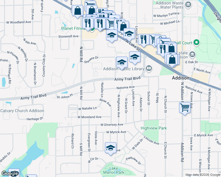 map of restaurants, bars, coffee shops, grocery stores, and more near 423 Army Trail Boulevard in Addison