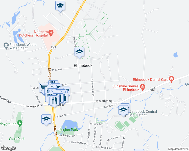 map of restaurants, bars, coffee shops, grocery stores, and more near 49 North Parsonage Street in Rhinebeck Village Business District