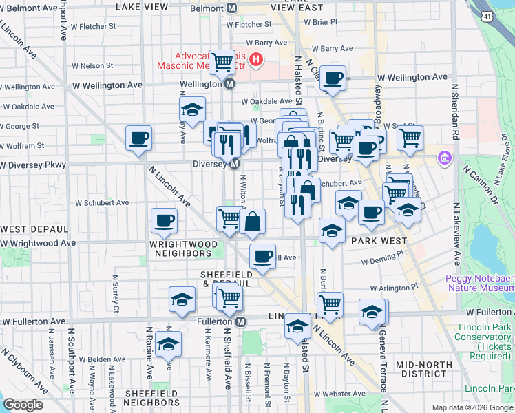 map of restaurants, bars, coffee shops, grocery stores, and more near 2650 North Mildred Avenue in Chicago