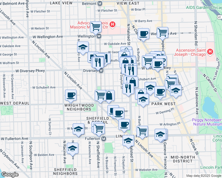 map of restaurants, bars, coffee shops, grocery stores, and more near 2650 North Mildred Avenue in Chicago