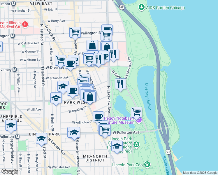 map of restaurants, bars, coffee shops, grocery stores, and more near 2640 North Lakeview Avenue in Chicago