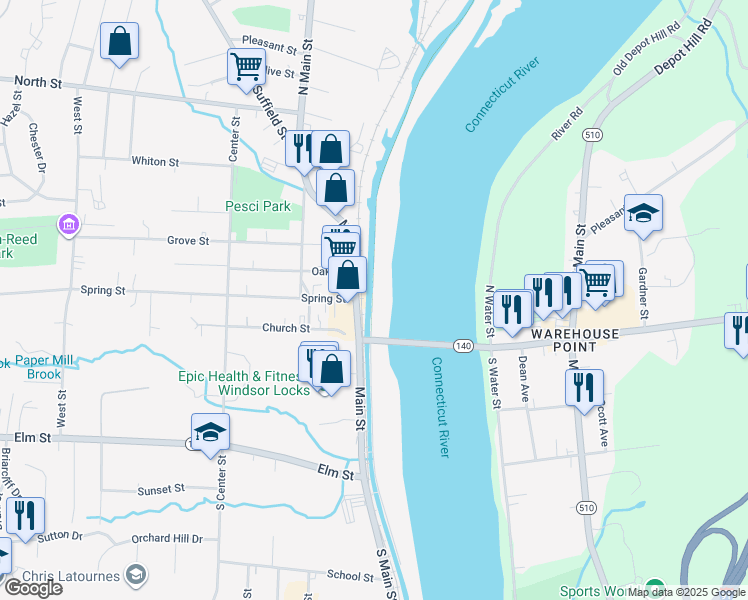 map of restaurants, bars, coffee shops, grocery stores, and more near 159 Main Street in Windsor Locks