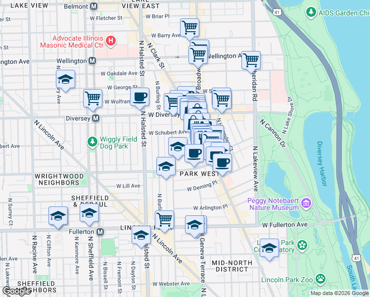 map of restaurants, bars, coffee shops, grocery stores, and more near 638 West Drummond Place in Chicago