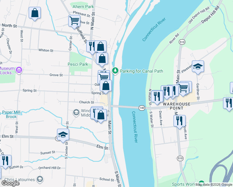 map of restaurants, bars, coffee shops, grocery stores, and more near 25 Canal Bank Road in Windsor Locks
