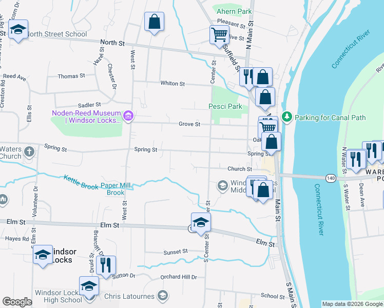 map of restaurants, bars, coffee shops, grocery stores, and more near 90 Spring Street in Windsor Locks