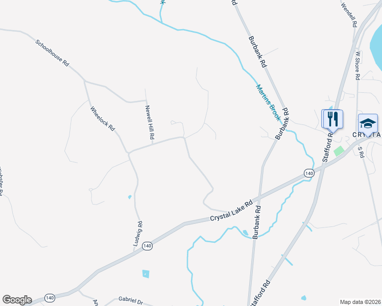 map of restaurants, bars, coffee shops, grocery stores, and more near 33 Newell Hill Road in Ellington