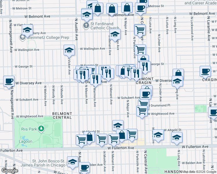 map of restaurants, bars, coffee shops, grocery stores, and more near 2755 North Menard Avenue in Chicago