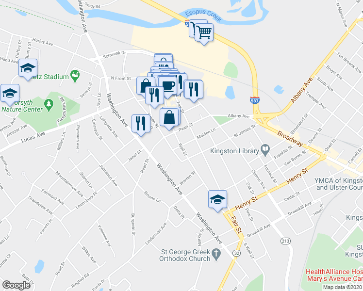 map of restaurants, bars, coffee shops, grocery stores, and more near 112 Maiden Lane in Kingston