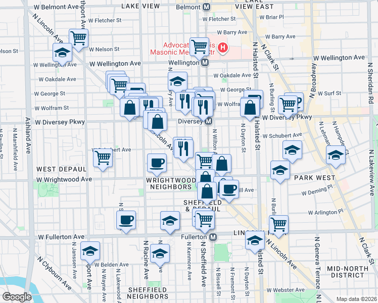 map of restaurants, bars, coffee shops, grocery stores, and more near 2719 North Kenmore Avenue in Chicago