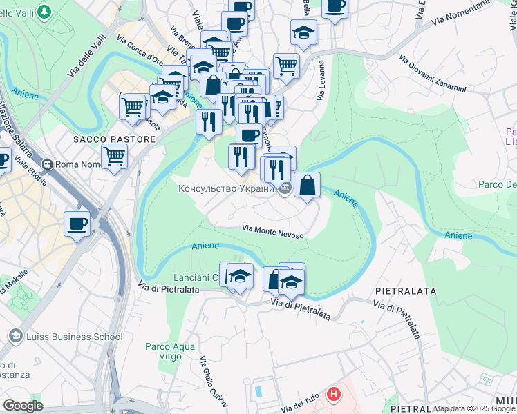 map of restaurants, bars, coffee shops, grocery stores, and more near 126 Via Cimone in Rome