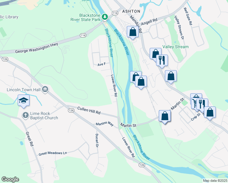 map of restaurants, bars, coffee shops, grocery stores, and more near 874 Lower River Road in Lincoln