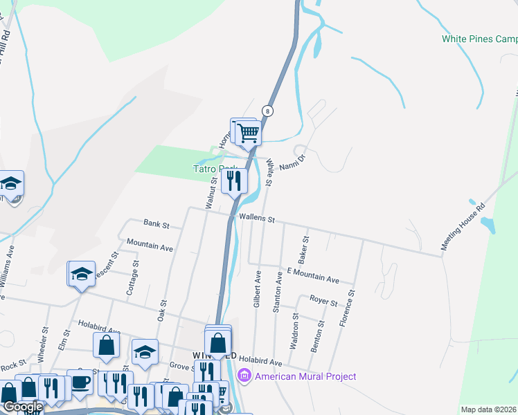 map of restaurants, bars, coffee shops, grocery stores, and more near 13 Wallens Street in Winsted