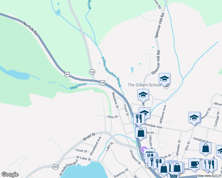 map of restaurants, bars, coffee shops, grocery stores, and more near 922 Main Street in Winsted