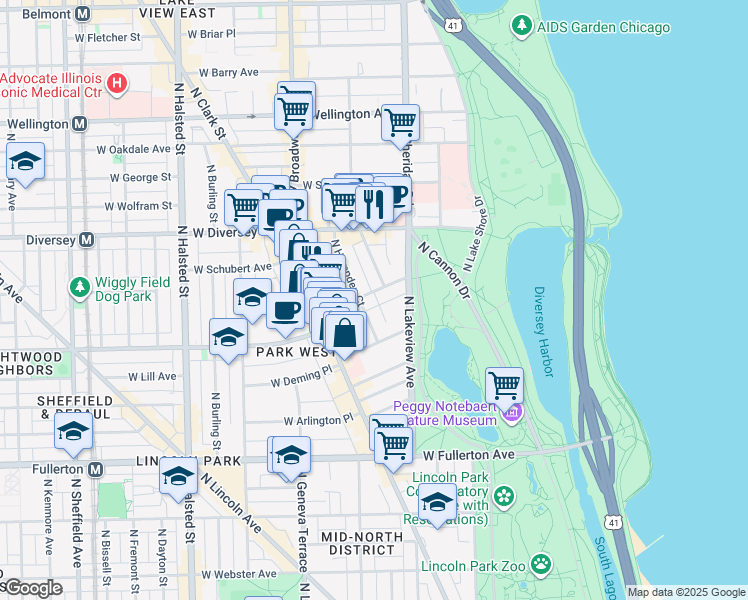 map of restaurants, bars, coffee shops, grocery stores, and more near 2700 North Pine Grove Avenue in Chicago
