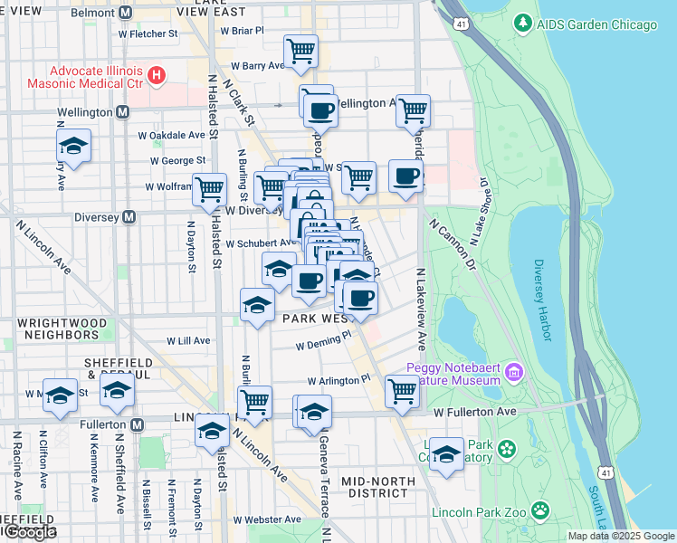 map of restaurants, bars, coffee shops, grocery stores, and more near 2649 North Clark Street in Chicago