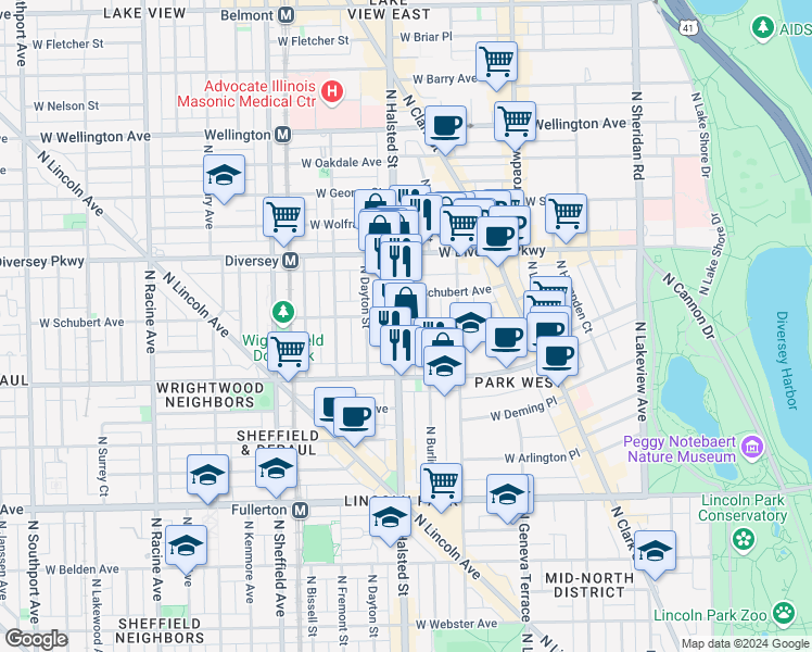map of restaurants, bars, coffee shops, grocery stores, and more near 2668 North Burling Street in Chicago