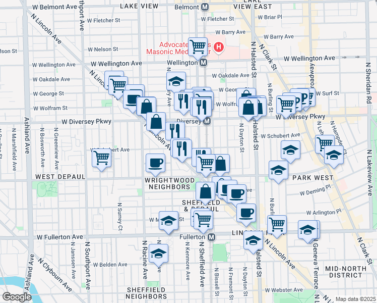 map of restaurants, bars, coffee shops, grocery stores, and more near 2704 North Sheffield Avenue in Chicago