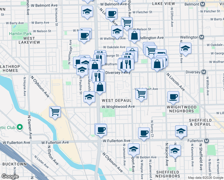 map of restaurants, bars, coffee shops, grocery stores, and more near 2714 North Greenview Avenue in Chicago