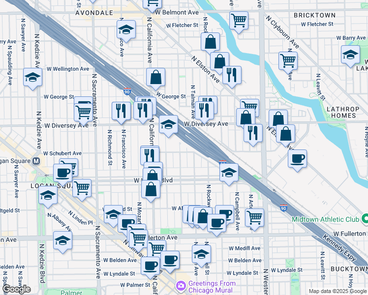 map of restaurants, bars, coffee shops, grocery stores, and more near 2724 North Talman Avenue in Chicago