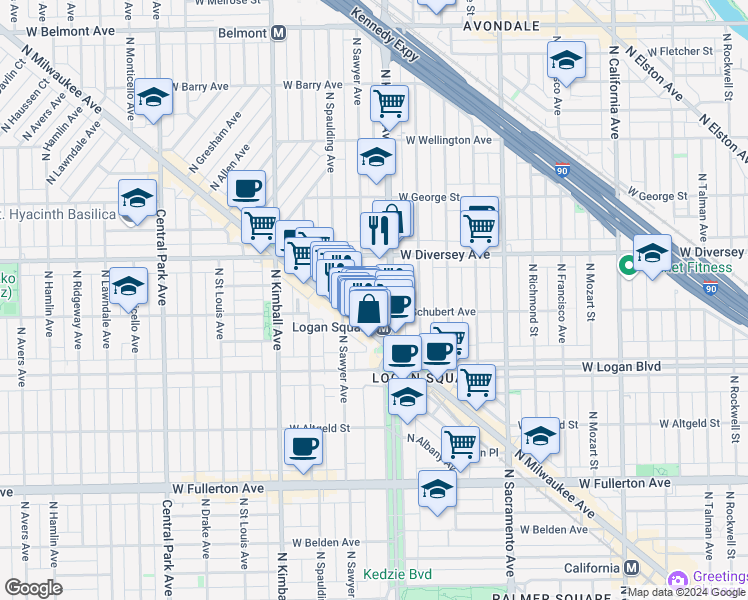map of restaurants, bars, coffee shops, grocery stores, and more near 2629 North Emmett Street in Chicago