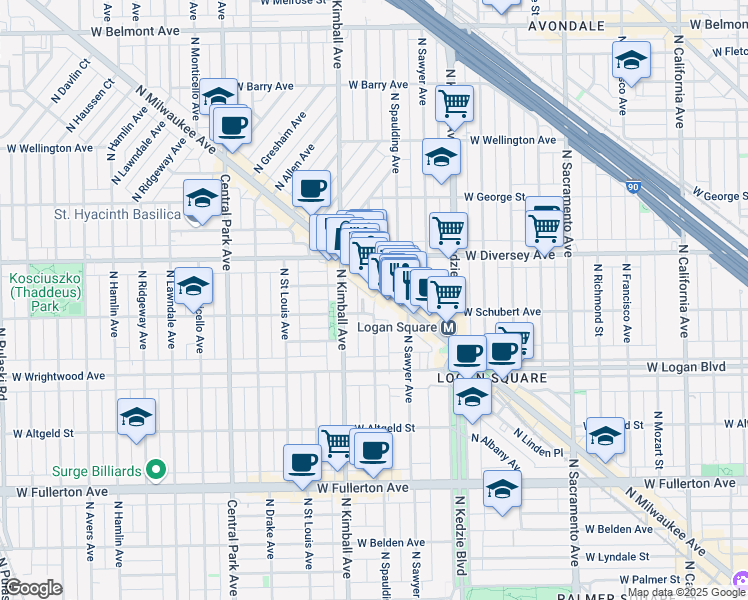 map of restaurants, bars, coffee shops, grocery stores, and more near 2746 North Milwaukee Avenue in Chicago
