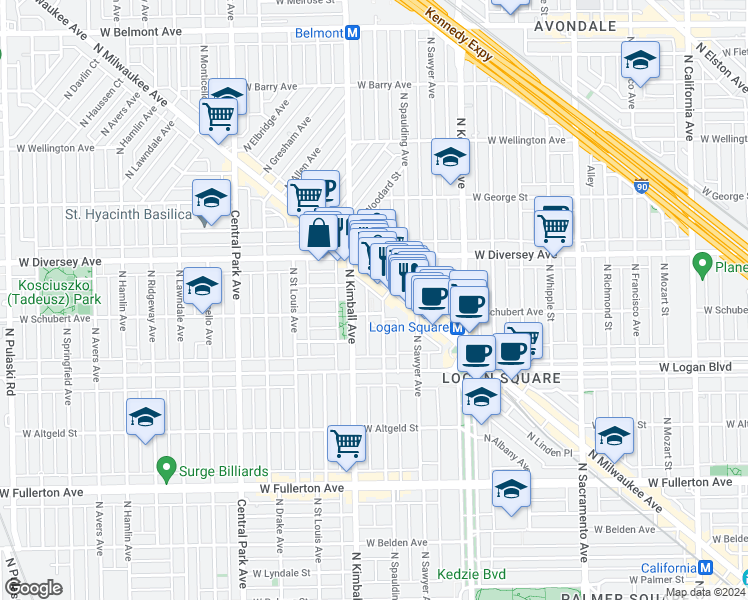 map of restaurants, bars, coffee shops, grocery stores, and more near 2746 North Milwaukee Avenue in Chicago