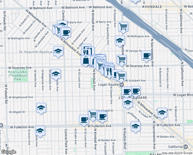 map of restaurants, bars, coffee shops, grocery stores, and more near 3407 West Parker Avenue in Chicago