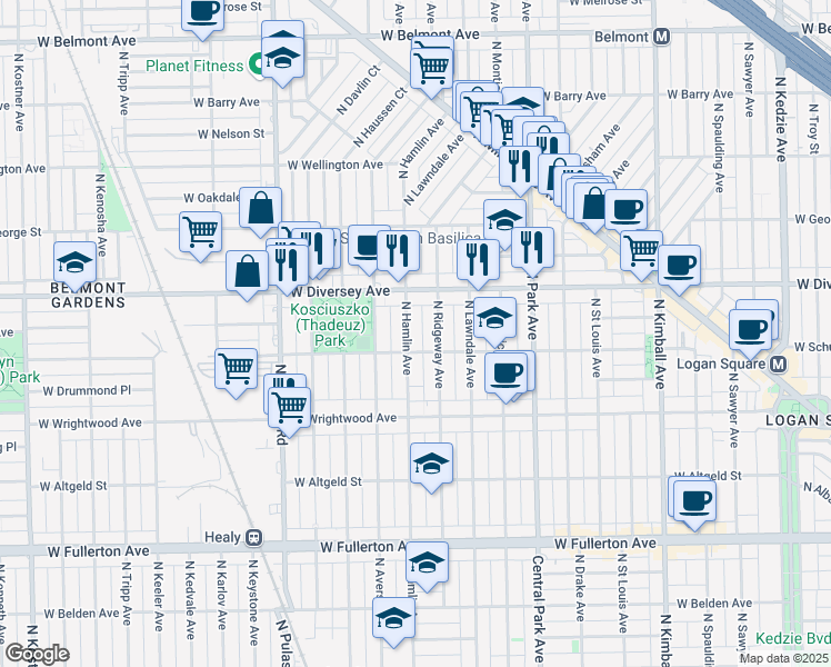 map of restaurants, bars, coffee shops, grocery stores, and more near 2727 North Hamlin Avenue in Chicago