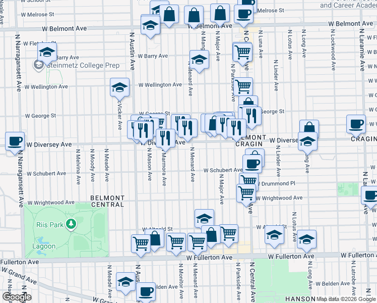 map of restaurants, bars, coffee shops, grocery stores, and more near 2755 North Menard Avenue in Chicago