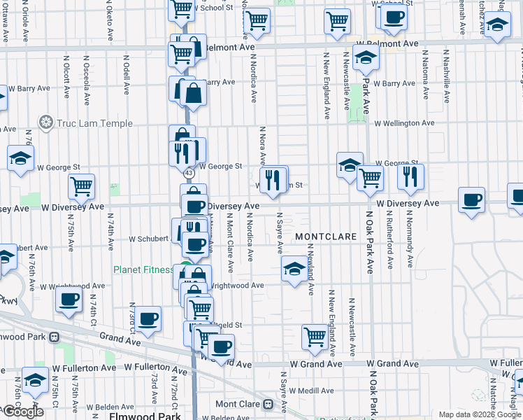 map of restaurants, bars, coffee shops, grocery stores, and more near 7036 West Diversey Avenue in Chicago