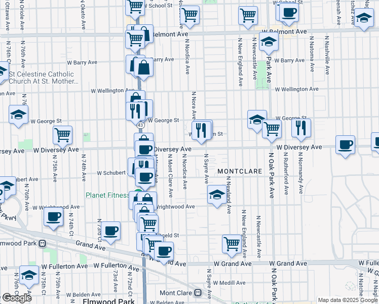 map of restaurants, bars, coffee shops, grocery stores, and more near 7036 West Diversey Avenue in Chicago