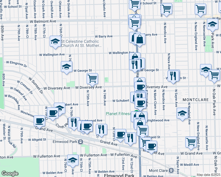 map of restaurants, bars, coffee shops, grocery stores, and more near 2801 North 73rd Court in Elmwood Park