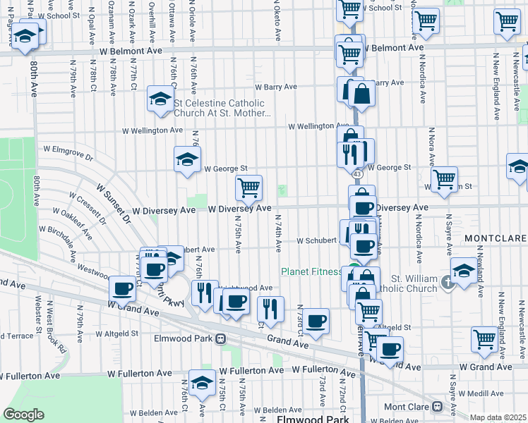 map of restaurants, bars, coffee shops, grocery stores, and more near 7400 West Diversey Avenue in Elmwood Park