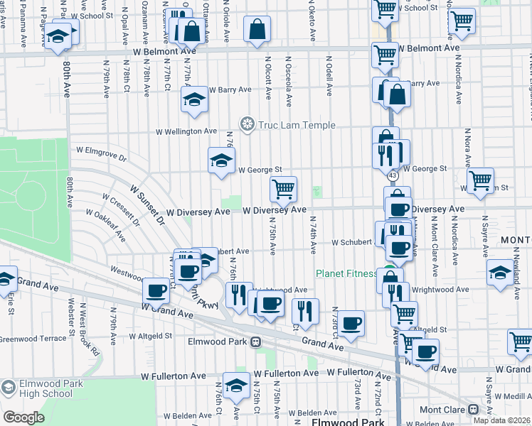 map of restaurants, bars, coffee shops, grocery stores, and more near 7514 West Diversey Avenue in Elmwood Park
