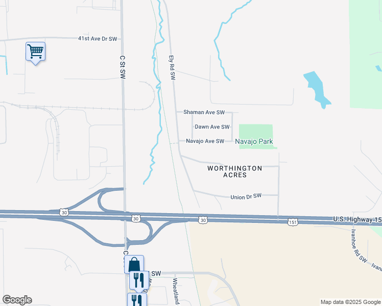map of restaurants, bars, coffee shops, grocery stores, and more near 2517 Navajo Avenue Southwest in Cedar Rapids